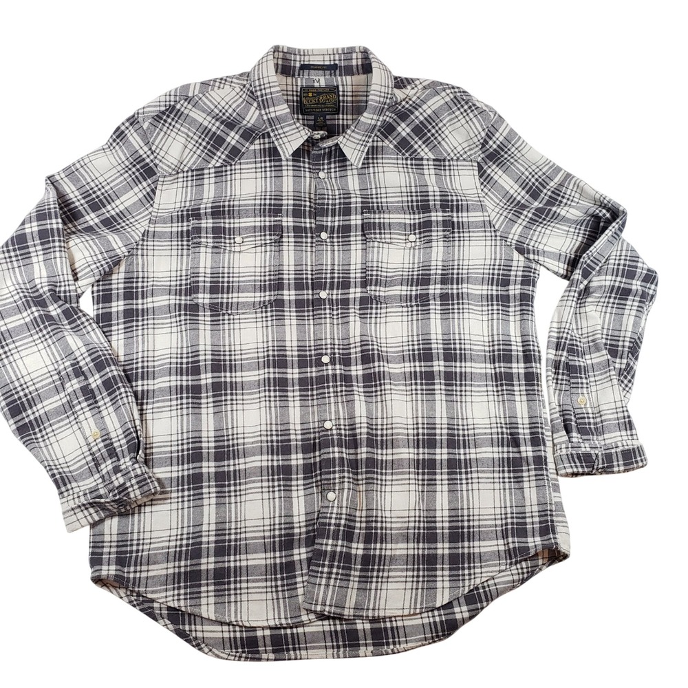 Lucky Brand‎ Mens L/G Gray Plaid Saturday Stretch Western Flannel Shirt